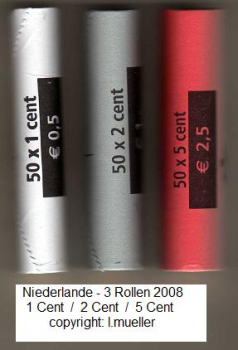 3 Rollen Niederlande 1 + 2 + 5 Cent Kursmünzen 2008